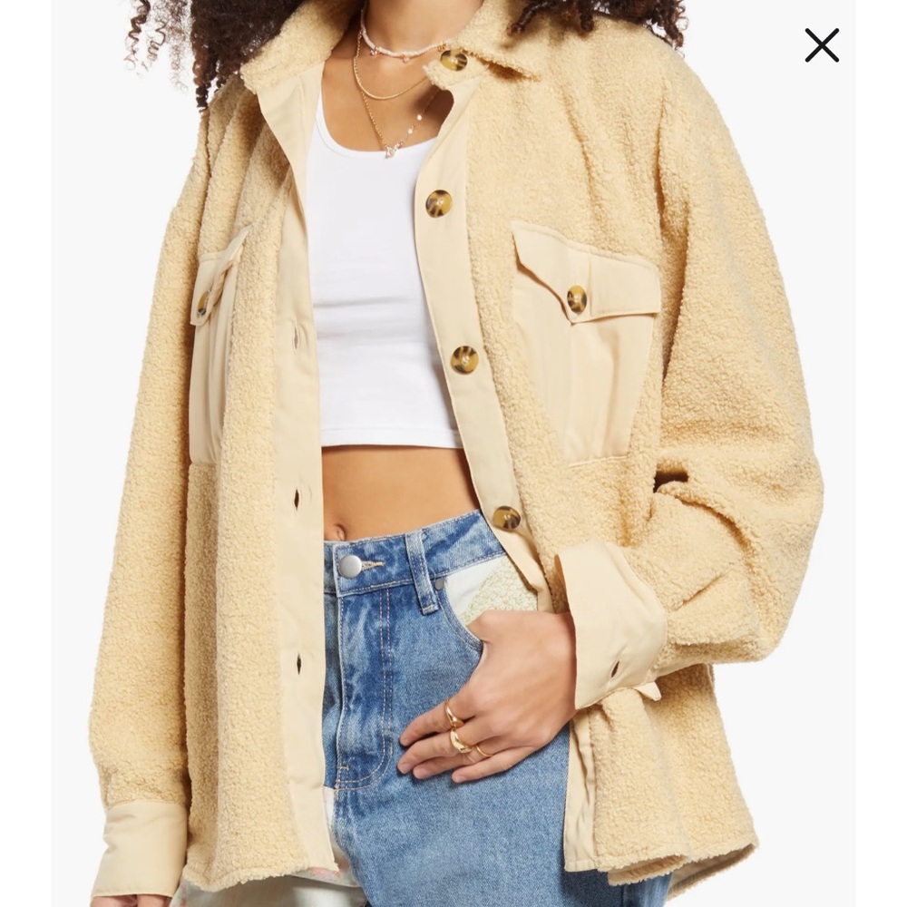 BP. Nordstrom Button Down Collared Faux Sherpa Tan Oversized Jacket Shacket Coat